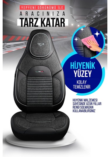 Füme - Gri Panda Enzo Serisi Keten Kumaş Oto Koltuk Kılıfı - Tam Set