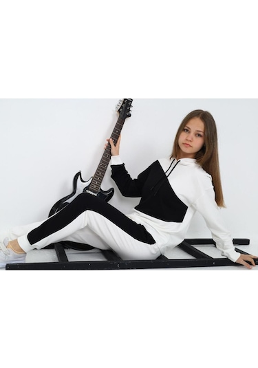 Kız Çocuk %100 Pamuk Garnili Kapüşonlu Uzun Kol Alt&üst Eşofman Takım-eşt-0018 Beyaz