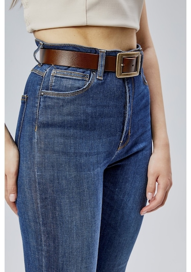 %100 Hakiki Deri Antik Sarı Tokalı Kadın Kemeri 3cm Açık Kahverengi