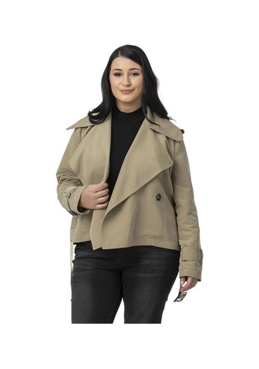 Büyük Beden Mono Yaka Kemerli Astarlı Kısa Çağla Yeşili Trençkot Çağla Yeşili