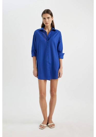 DeFacto Regular Fit Pamuklu Plaj Gömleği-Fall in Love W8241AZ24SMBE114 Mavi DeFacto Regular Fit Pamuklu Plaj Gömleği-Fall in Love W8241AZ24SMBE114 Mavi