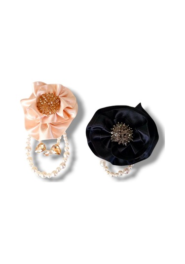 2 Li Pudra Ve Siyah Saten Gül Broş, Yaka İğnesi, Yaka Çiçeği Pudra
