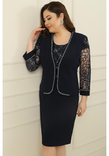 Pulpayet-tül Detaylı Astarlı Elbise Ceket Büyük Beden 2'li Takım-34870 Lacivert