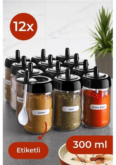 Vienev 12 Adet Kapağı Kendinden Kaşıklı Baharatlık Seti Uzun Şeffaf