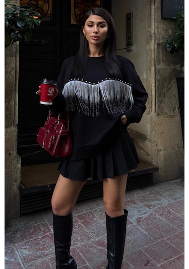 WeShaya Kadın Siyah Pamuk Uzun Kol Sweatshirt Siyah