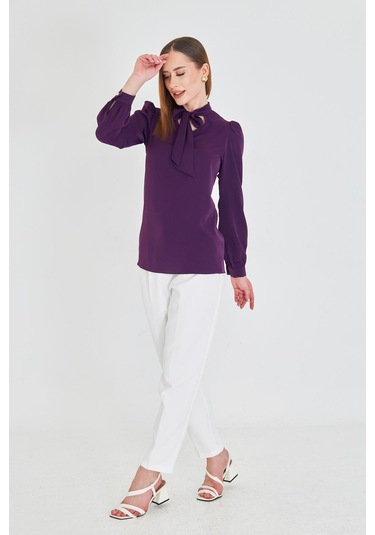 Büzgü Kol Fularlı Gömlek Mor Mor