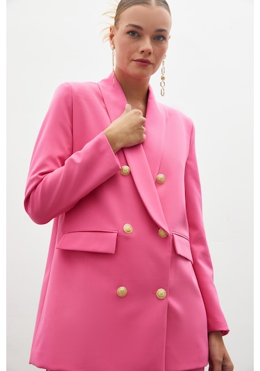 Sateen Düğme Detaylı Kruvaze Ceket - Pembe
