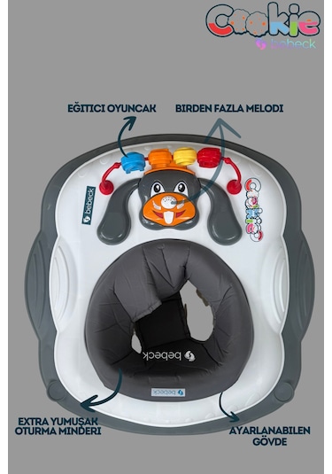 Cookie Ayarlanabilen Müzikli Yumuşak Pedli Lüks Yürüteç Gri