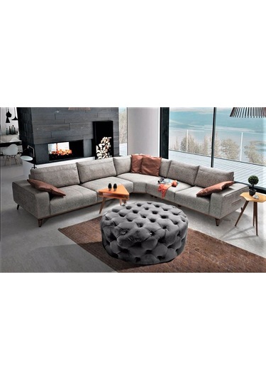 Yuvarlak Chester Model Kapitoneli Oval Orta Puf- Modern Puf Gri