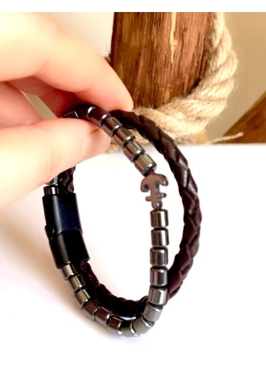 Çıpa Figürlü Hematit&%100 Deri Kahverengi Erkek Bileklik 21cm Kahverengi