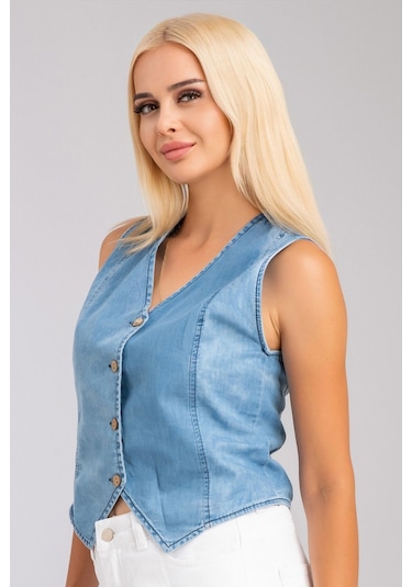 Bold & Young Kadın Bleach Yıkama Lyocell İnce Denim Kumaş Kot Yelek Lacivert