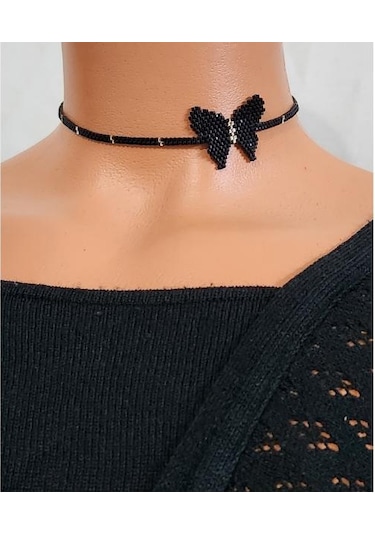 Harmel Jewelry Miyuki Siyah Kelebek Choker Kolye Siyah