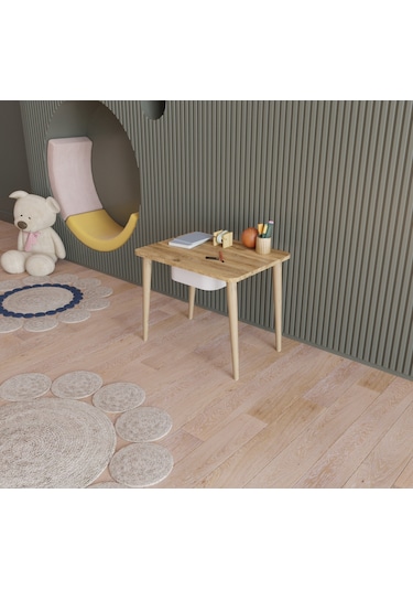 Fahrettin Küçük Montessori Çocuk Masası Oyun Masası Aktivite Masası Çalışma Masası Çekmeceli Sandalyeli Açık Çam