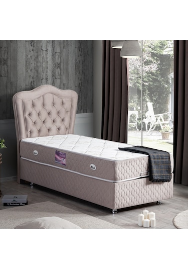 Setaymobilya Baza, Camelli Gri Tek Kişilik Baza + Başlık + Ortopedik Yatak