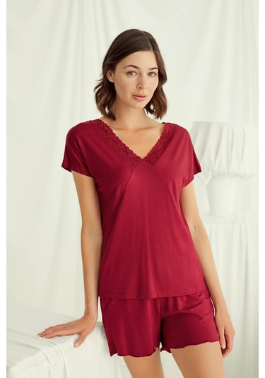 Monamise 18516 Kadın V Yaka Kısa Kollu Şortlu Pijama Takımı-kırmızı Kırmızı