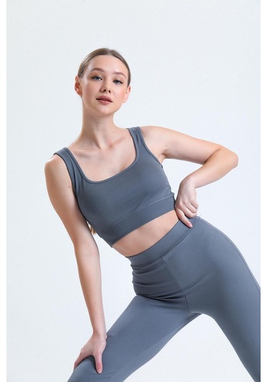 Yeşil Fitilli Kare Yaka Esnek Örme Crop Büstiyer Atlet Antrasit