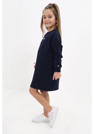 Toontoy Kız Çocuk Bisiklet Yaka Baskılı Elbise Lacivert
