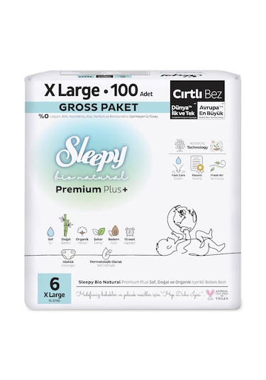 Sleepy Bio Natural Premium Plus Gross Paket Bebek Bezi 6 Numara Xlarge 100 Adet