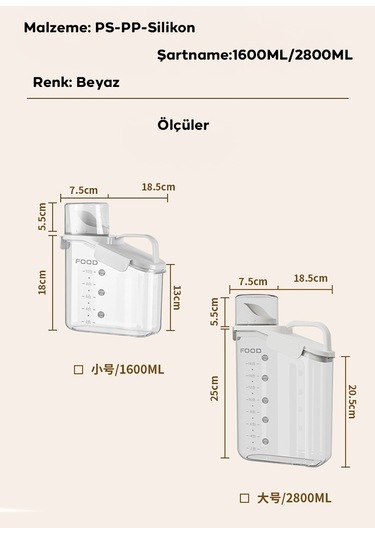 Ezere Nem Geçirmez Büyük Kapasiteli Pratik Ölçü Kaplı Baharat Ve Tahıl Kavanozu 2800ml Beyaz