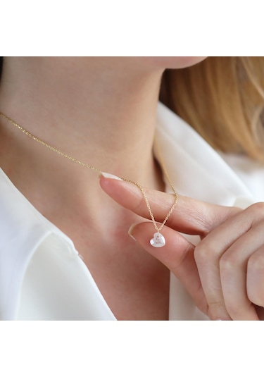 Mini Kalpli Kuvars Taşlı Gold Kaplama Gümüş Kolye Gümüş