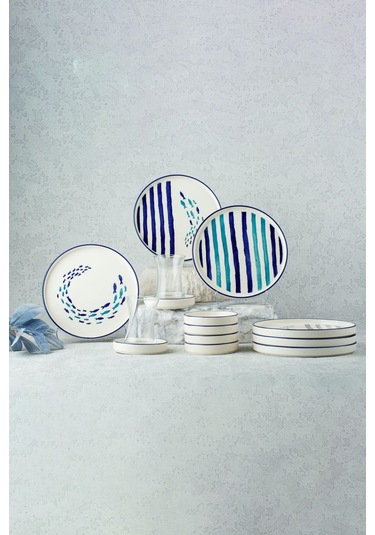 Kevin Seramik 18 Parça Marin Balıklı Stackable Kahvaltı Takımı Beyaz - Mavi