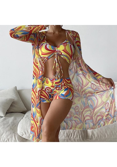 Kadın Mayo Yüksek Bel Bikini Seti Üç Adet Kadın Uzun Kollu Cover Up Mayo Plaj Mayo Sarı