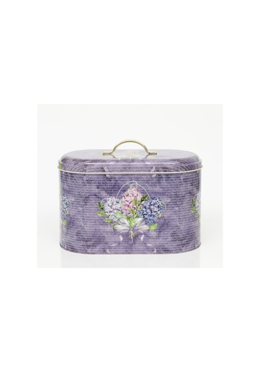 Flower Purple Desenli Oval Metal Ekmek Kutusu, 10.4 Lt Lila