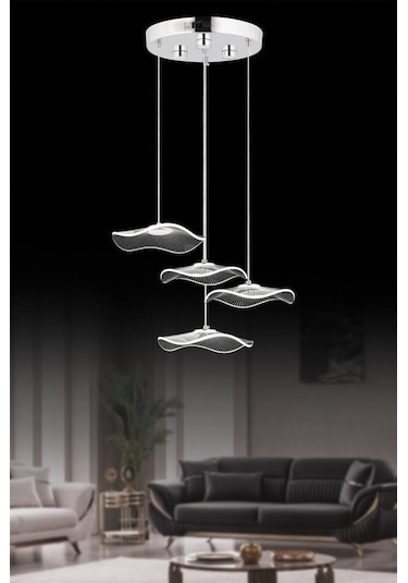 İstanbul Avize Şapka 4'lü Gümüş Üç Renk Ledli Lüx Modern Avize Gümüş