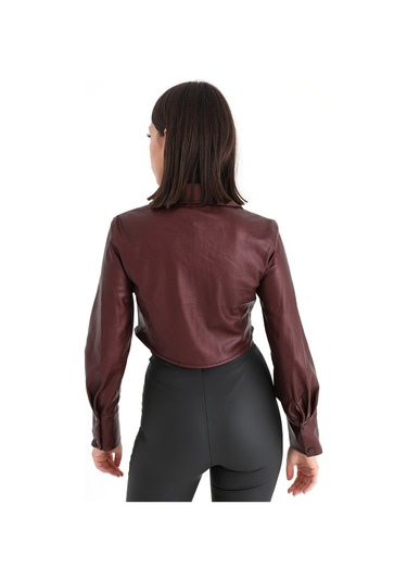İçi Kadife Bağcıklı Kadın Kısa Deri Gömlek - Bordo-bordo Bordo
