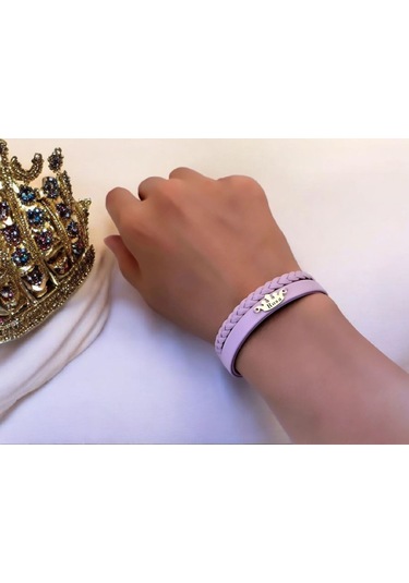 Archin Rosa İsmine Özel 14 Ayar Altın Plakalı Doğal Mor Derili Taç Figürlü Hediye Bileklik-637isim Rosa