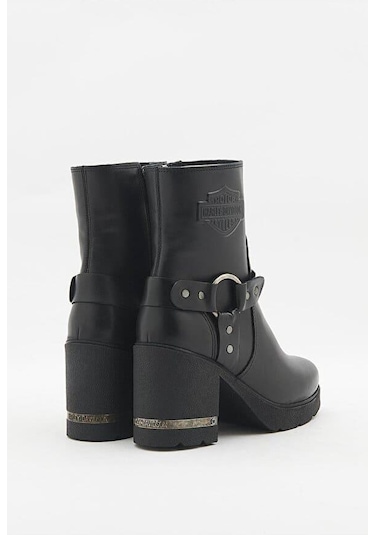 Harley Davidson Zelda Siyah Yüksek Topuk Deri Kadın Bot Siyah-Baskılı-Deri