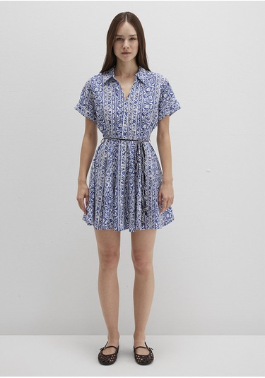Mavi - Baskılı Beli Bağcıklı Mini Elbise 1310763-91087 Lacivert