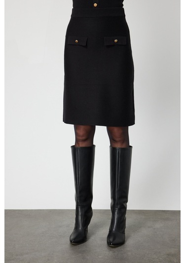 On Kadın Cep Detaylı Diz Üstü Triko Etek 69508 Siyah Siyah