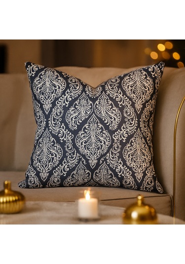 Klasik Desenli Gri Duck Kırlent Kılıfı Lüks Dokulu, Fermuarlı 45 x 45