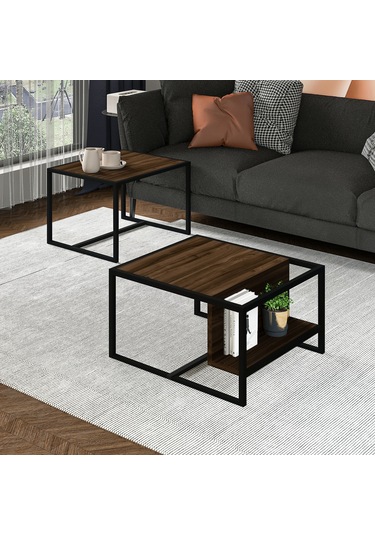 Batı 2 Li Modern Orta Sehpa Takımı Metal Ayaklı, Alt Raflı Ceviz
