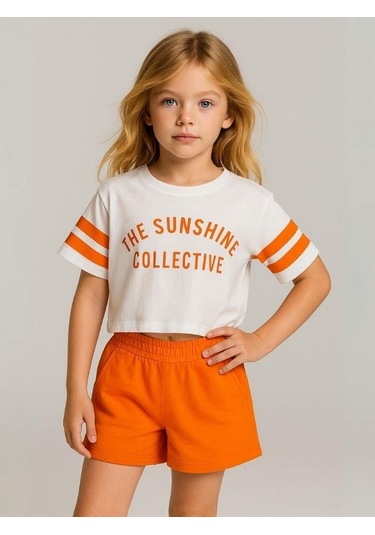Kız Çocuk Pamuklu Şortlu Takım-15976 Turuncu