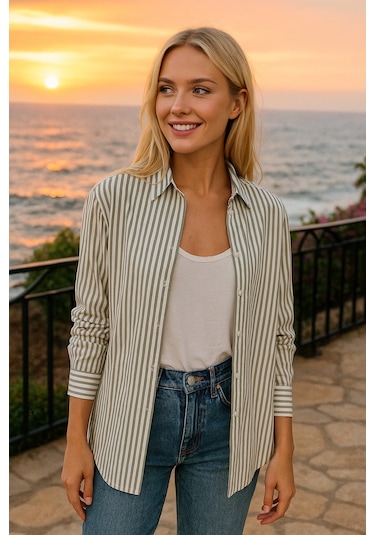 Kadın Çizgili Oversize Gömlek Haki Beyaz Pamuk Gömlek Haki
