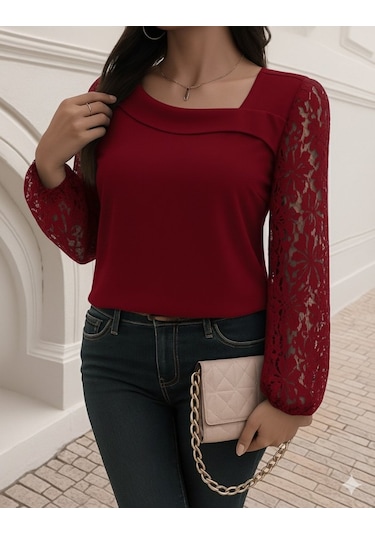 Tua Moda Kadın Uzun Kollu Asimetrik Yakalı Dantelli Ithal Krep Bluz Kırmızı