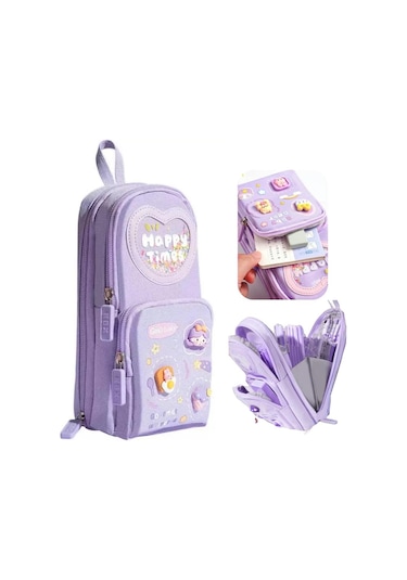 Mufunye Büyük Kapasiteli Kawaii Mor Kalem Kutusu - Sevimli 3 Bölmeli Kırtasiye Düzenleyici Mor