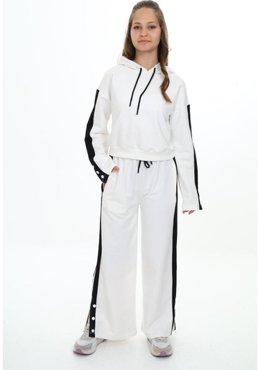 Kız Çocuk %100 Pamuk Kapüşonlu Uzun Kol Oversize Alt&üst Eşofman Takımı-eşt-0020 Beyaz