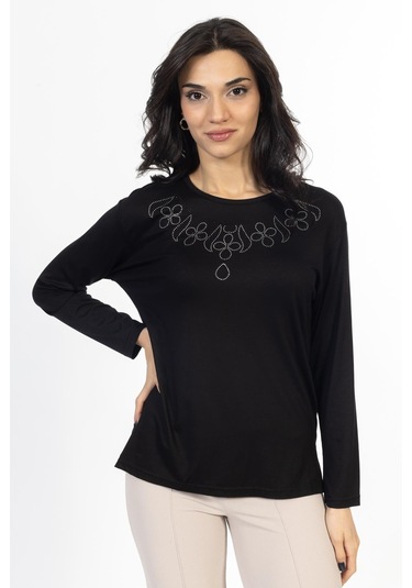 Yeni Model Taş İşlemeli Yuvarlak Yaka Likralı Anne Penye Bluz 6435-siyah