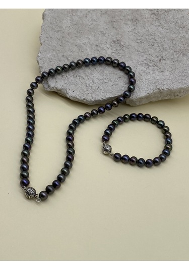 Siyah Doğal İnci Erkek Kolye Bileklik Set Gümüş