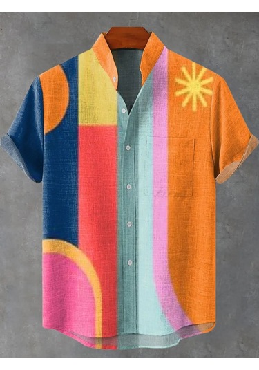 Snapbuy Retro Erkek Keten Gömlek - Yaz Serin Rahat Kısa Kollu Japon Desen Baskılıblack Black