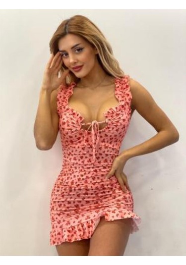 Çiçek Desenli Askılı Mini Elbise