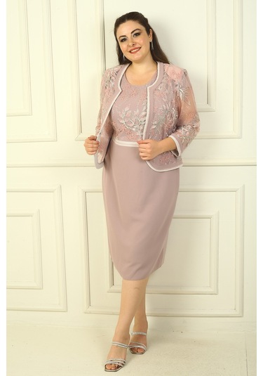 Tırnak Kol Astarlı Kısa Elbise Tül Ceket Nakışlı Büyük Beden 2'li Takım Pudra