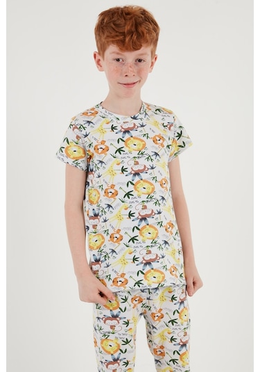 Lela Desenli % 100 Pamuk Bisiklet Yaka Erkek Çocuk Pijama Takımı 6651003 Ekru-Sarı