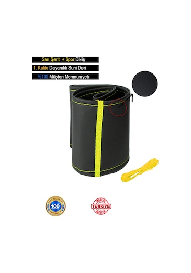 Kia Picanto İçin Uyumlu Özel Süper Deri Direksiyon Kılıfı, Sarı Şeritli Spor Dikiş