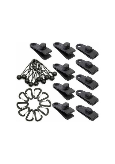 Novahub Yüksek Kaliteli Çadır Klipsleri, Lastik Bantlar Ve D-tipi Metal Tokalar - 30 Parça Set Siyah, Kullanıcı Dostu Tasarım Siyah