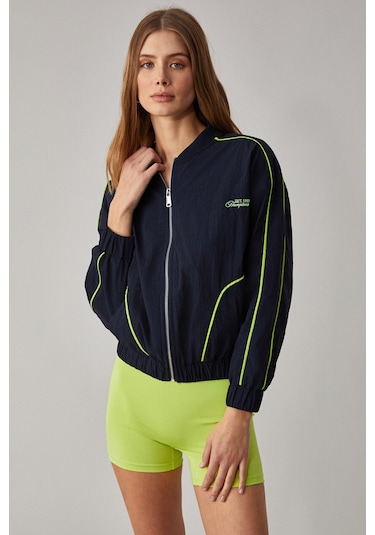 MERLYAN Kadın Bomber Yaka Oversize Fermuarlı Lacivert Ceket