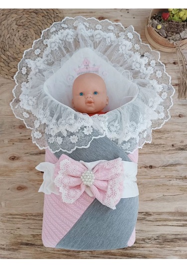 Yenidoğan Teri Cotton Taç Nakışlı Prizma Taş Kundak Bebek Battaniyesi Pembe Renkli Çok Renkli